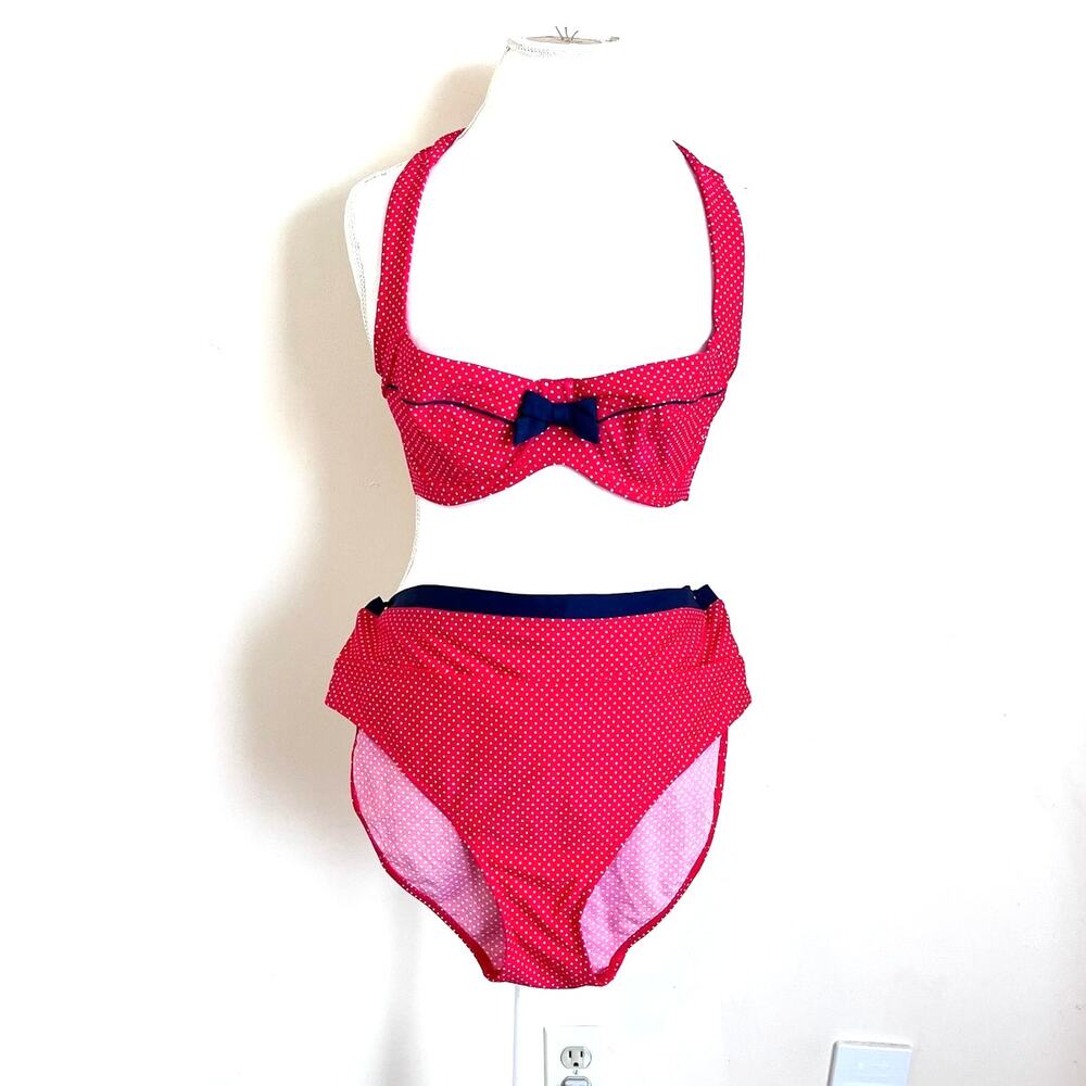 Panache Swim Pinup Bikini Swimsuit Size 36D XL Red Polka Dot‎ Halter Retro 70s
